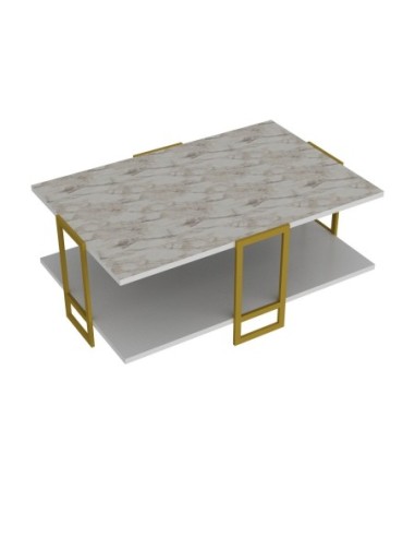 Mesa baja SIENA, biIaminado mármol blanco, con metal dorado 91,5 cms.