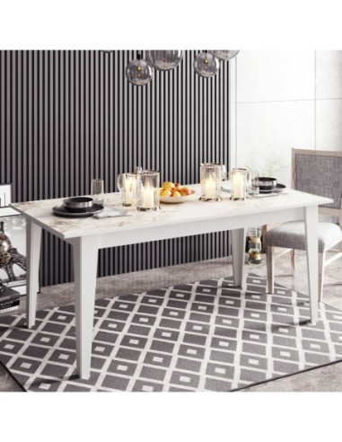 Mesa de comedor SIENA, biIaminado mármol blanco, 180 x 90 cms.
