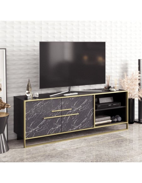 Mueble de TV SIENA, biIaminado mármol negro con metal dorado, 160 cms.