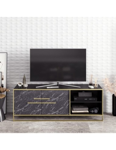 Mueble de TV SIENA, biIaminado mármol negro con metal dorado, 160 cms.