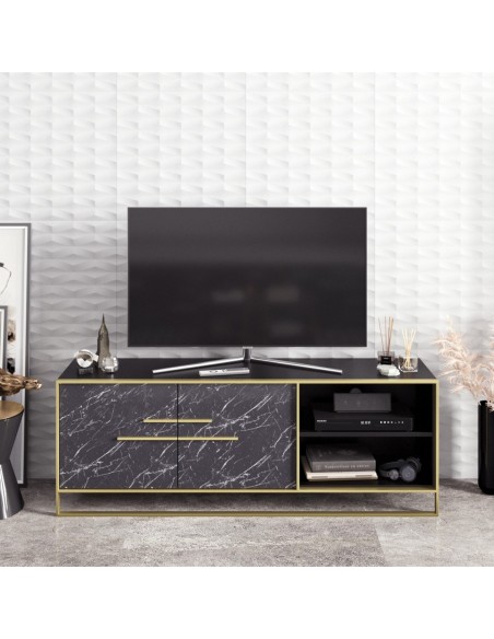 Mueble de TV SIENA, biIaminado mármol negro con metal dorado, 160 cms.