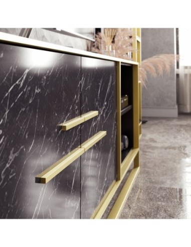 Mueble de TV SIENA, biIaminado mármol negro con metal dorado, 160 cms.