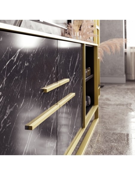 Mueble de TV SIENA, biIaminado mármol negro con metal dorado, 160 cms.