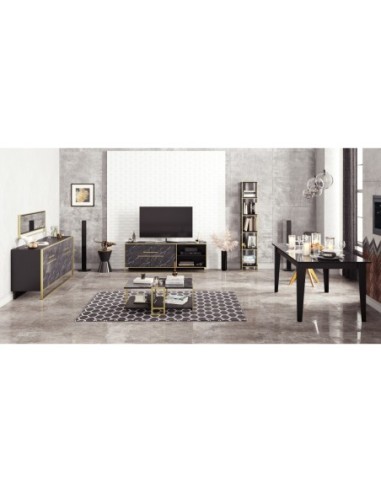 Mueble de TV SIENA, biIaminado mármol negro con metal dorado, 160 cms.