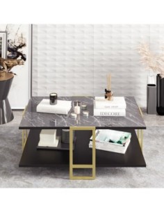 Mesa baja SIENA, biIaminado mármol negro, con metal dorado 91,5 cms. 2
