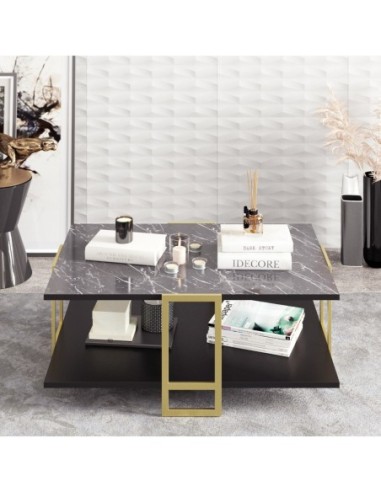 Mesa baja SIENA, biIaminado mármol negro, con metal dorado 91,5 cms.