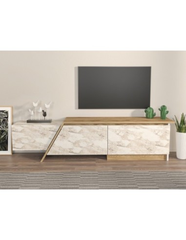 Mueble de TV PRUDENCE, biIaminado mármol blanco con roble, 180 cms.