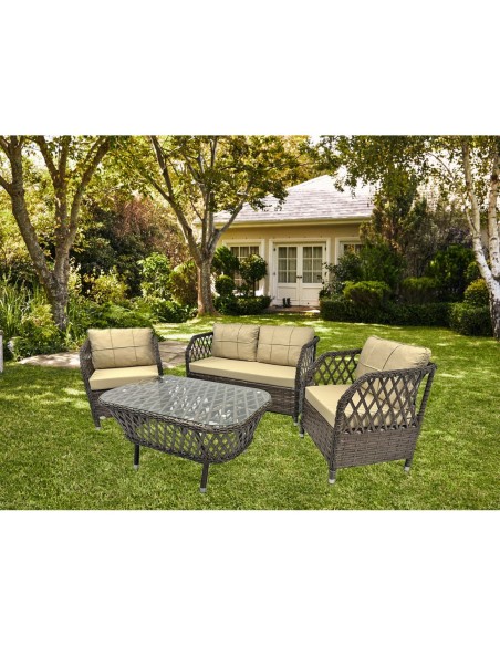 Set MARBELLA, 2 Sillones + Sofá 2 plazas + mesa, aluminio, ratán chocolate, cojines incluidos