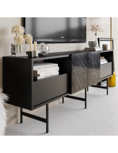Mueble de TV SIMON, biIaminado mármol negro, 180 cms.