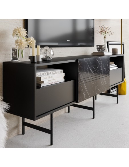 Mueble de TV SIMON, biIaminado mármol negro, 180 cms.