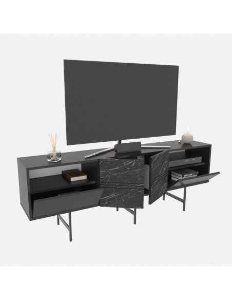 Mueble de TV SIMON, biIaminado mármol negro, 180 cms.