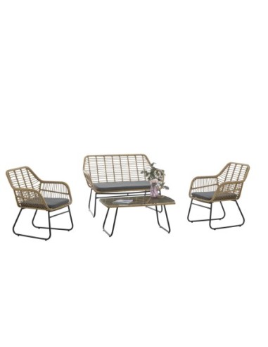 Sillón KROYA, metal, ratán beige, cojín negro