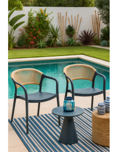 Sillón IBIZA, apilable, tratamiento anti UV, polipropileno gris oscuro, cuerda natural