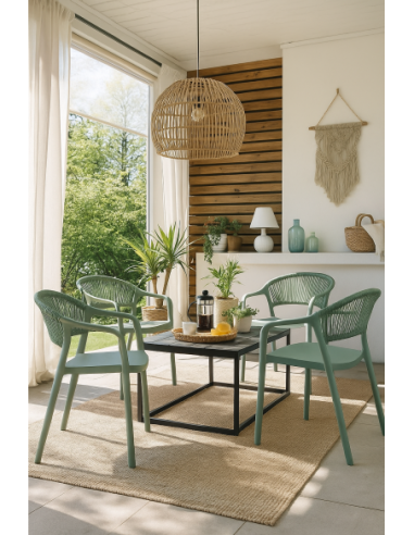 Sillón IBIZA, apilable, tratamiento anti UV, polipropileno y cuerda verde claro