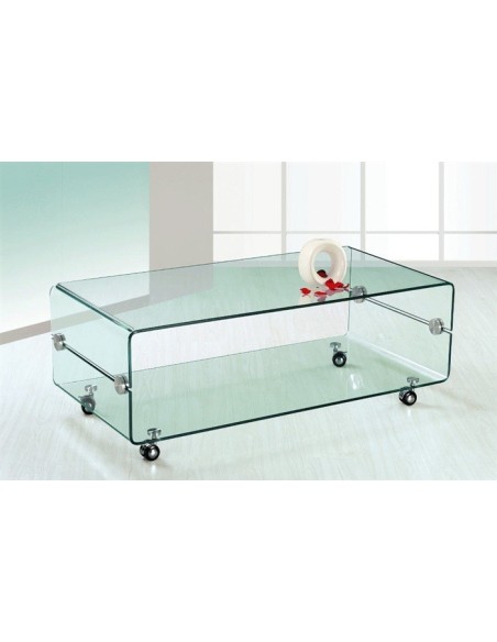 Mesa MELBOURNE, cristal curvado, ruedas, 120x60 cms