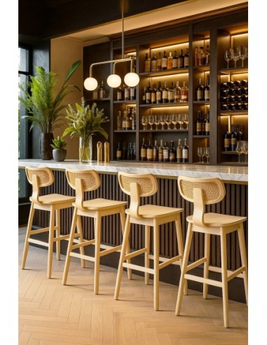 Taburete CORBEL, madera de hevea, rejilla, acabado natural