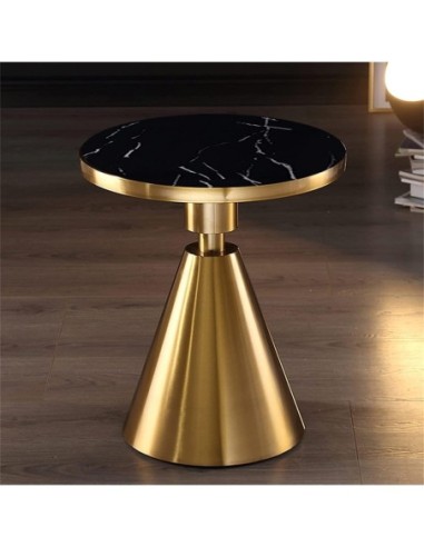 Mesa JASSY NE, baja, dorada, tapa cerámica mármol negro, 50 cms de diámetro