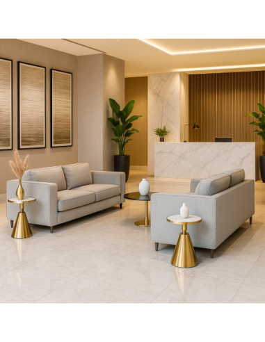 Mesa JASSY BL, baja, dorada, tapa cerámica mármol blanco, 50 cms de diámetro