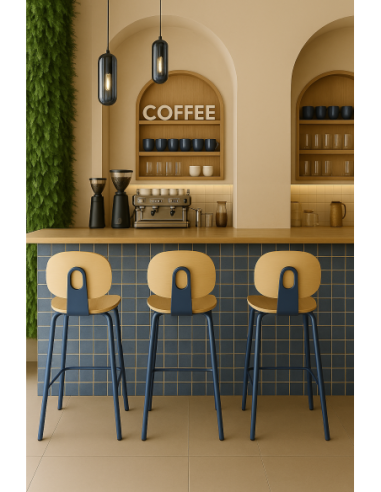 Taburete COLMAR, apilable, azul, contrachapado revestido con HPL, color natural