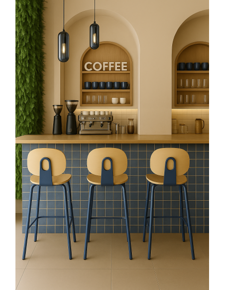 Taburete COLMAR, apilable, azul, contrachapado revestido con HPL, color natural