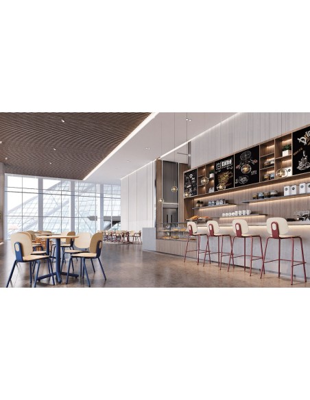 Taburete COLMAR, apilable, azul, contrachapado revestido con HPL, color natural