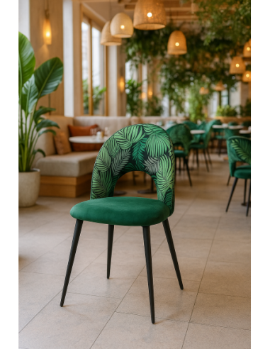 Silla ORQUIDEA, metal, tapizado velvet verde con respaldo floral a juego