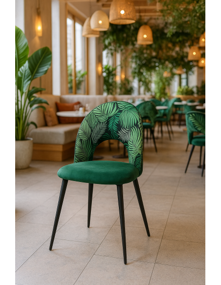 Silla ORQUIDEA, metal, tapizado velvet verde con respaldo floral a juego