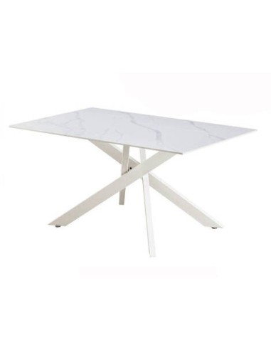 MESA COMEDOR MOD. NESY RECTANGULAR CERÁMICA SOBRE BLANCO Y PATA CREMA.