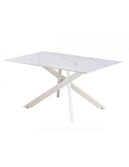MESA COMEDOR MOD. NESY RECTANGULAR CERÁMICA SOBRE BLANCO Y PATA CREMA.