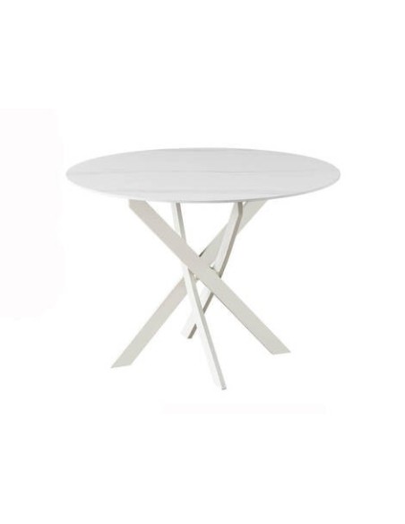 MESA COMEDOR MOD. NESY REDONDA CERÁMICA SOBRE BLANCO 110 CM PATA CREMA