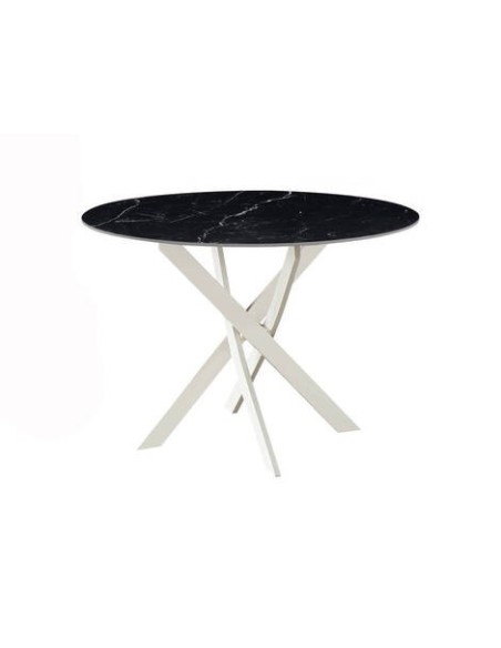 MESA COMEDOR MOD. NESY REDONDA CERÁMICA SOBRE NEGRO 110 CM  PATA CREMA.
