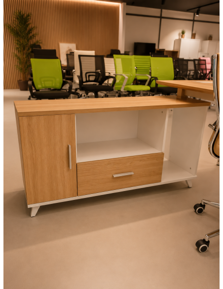 Mesa de oficina AREZZO 160, con mueble auxiliar, blanco y roble, 160 x 174 cms