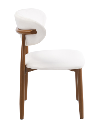 Silla DACHAU, metal acabado de color madera, similpiel blanca
