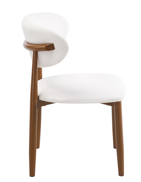 Silla DACHAU, metal acabado de color madera, similpiel blanca