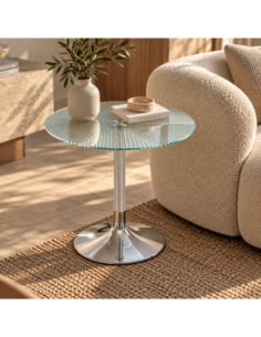 Mesa AVEIRO, baja, cromada, cristal templado térmico,  50 cms diámetro