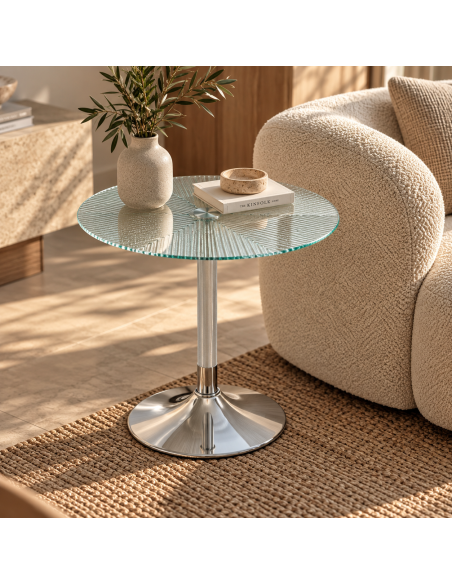 Mesa AVEIRO, baja, cromada, cristal templado térmico,  50 cms diámetro