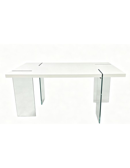 Mesa ARLON, cristal templado, tapa lacada blanca, 160 x 90 cms