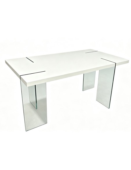 Mesa ARLON, cristal templado, tapa lacada blanca, 160 x 90 cms