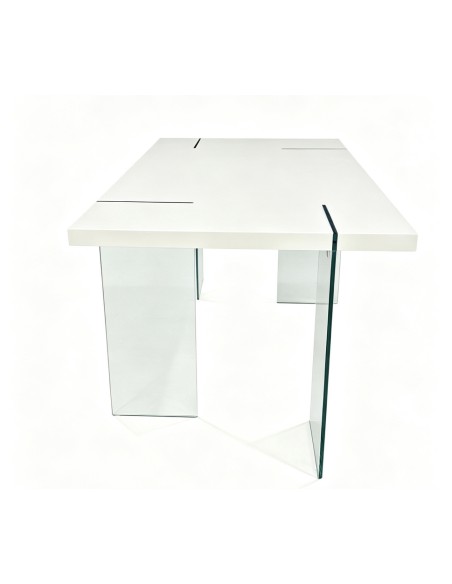 Mesa ARLON, cristal templado, tapa lacada blanca, 160 x 90 cms