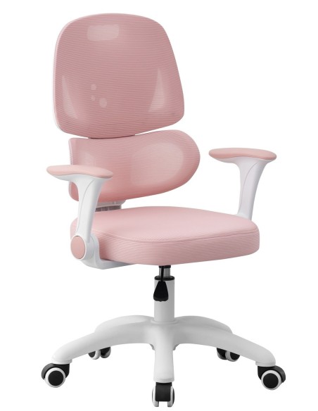Silla de estudio CHAMONIX, blanca, brazos, ergonómica, regulación de altura, malla y asiento rosa
