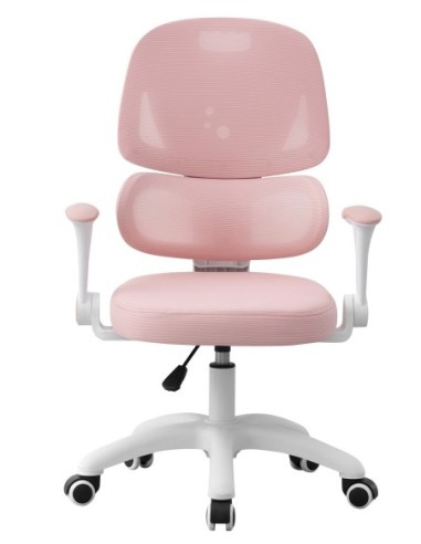 Silla de estudio CHAMONIX, blanca, brazos, ergonómica, regulación de altura, malla y asiento rosa