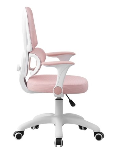 Silla de estudio CHAMONIX, blanca, brazos, ergonómica, regulación de altura, malla y asiento rosa