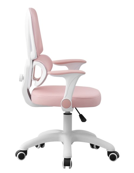 Silla de estudio CHAMONIX, blanca, brazos, ergonómica, regulación de altura, malla y asiento rosa