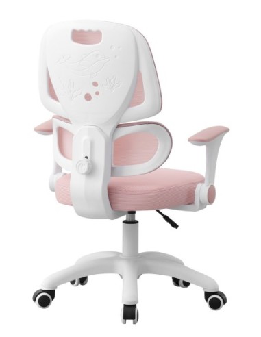 Silla de estudio CHAMONIX, blanca, brazos, ergonómica, regulación de altura, malla y asiento rosa