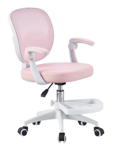 Silla de estudio JOLIVET, blanca, brazos, ergonómica, regulación de altura, malla y asiento rosa