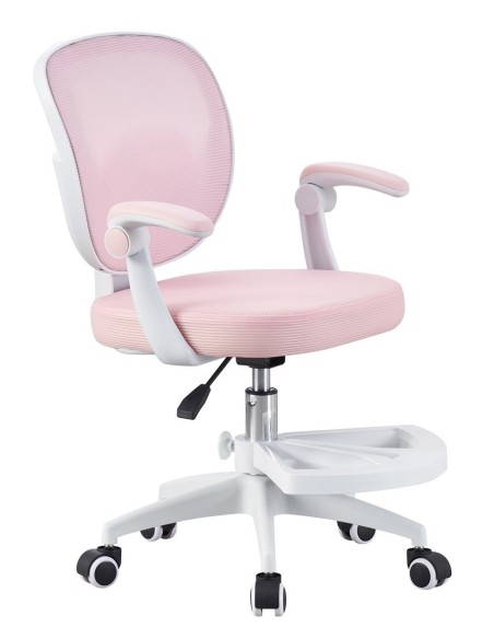 Silla de estudio JOLIVET, blanca, brazos, ergonómica, regulación de altura, malla y asiento rosa