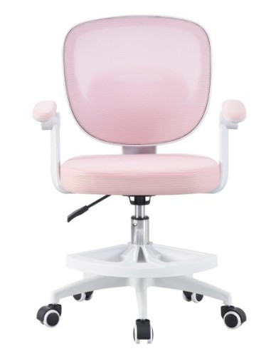 Silla de estudio JOLIVET, blanca, brazos, ergonómica, regulación de altura, malla y asiento rosa