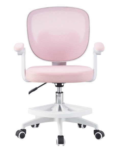 Silla de estudio JOLIVET, blanca, brazos, ergonómica, regulación de altura, malla y asiento rosa