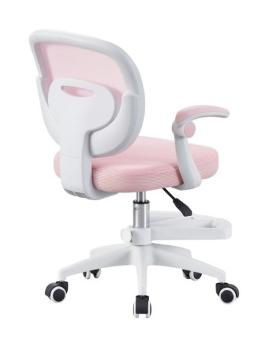 Silla de estudio JOLIVET, blanca, brazos, ergonómica, regulación de altura, malla y asiento rosa