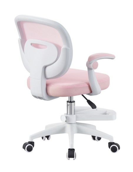 Silla de estudio JOLIVET, blanca, brazos, ergonómica, regulación de altura, malla y asiento rosa
